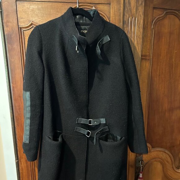 Maje black boiled wool and leather short coat, European size 39 - Picture 1 of 4